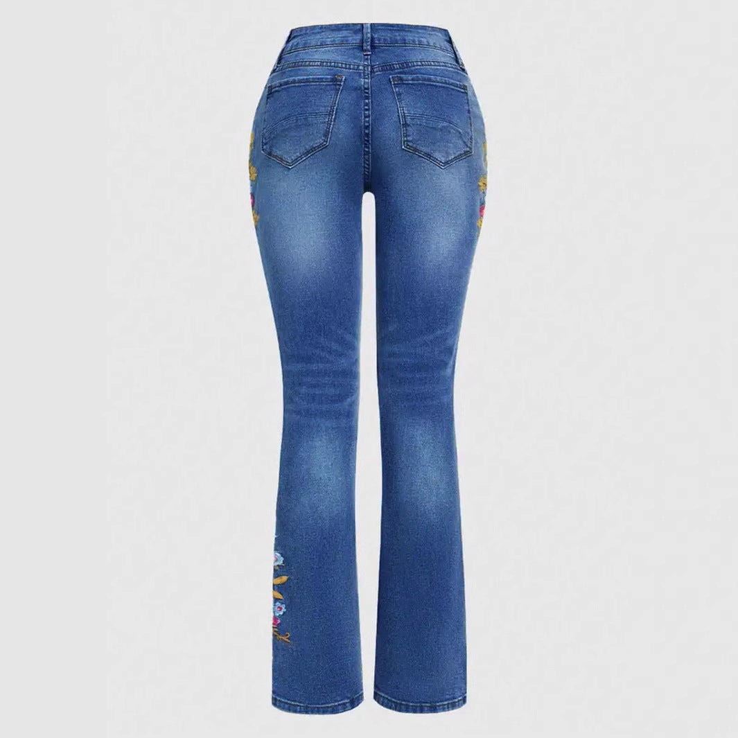 Women's Bootcut Jeans with Side Floral Embroidery and Comfortable Stretch Waistband Fashion Glam