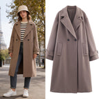 Women Oversized Wool Blend Coat with Double-Breasted Closure, Wide Lapels and Sleeve Tabs Fashion Glam