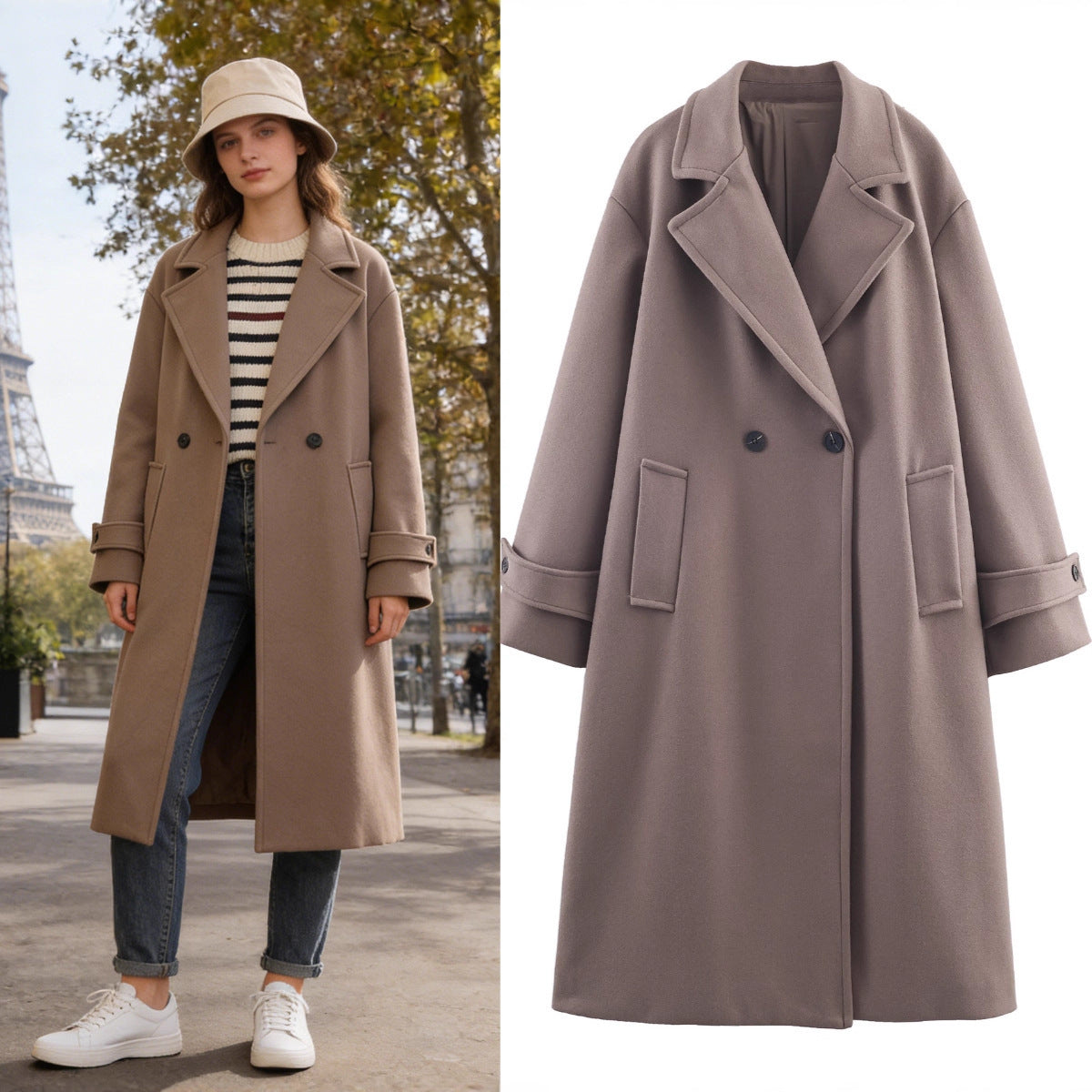 Women Oversized Wool Blend Coat with Double-Breasted Closure, Wide Lapels and Sleeve Tabs Fashion Glam