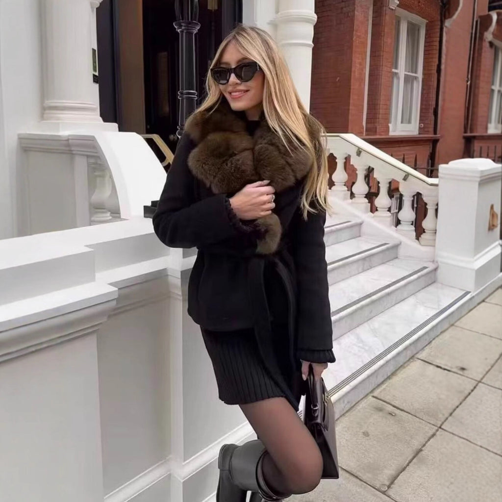 Women's Short Wool Blend Coat with Removable Faux Fur Shawl Collar and Waist Belt Fashion Glam