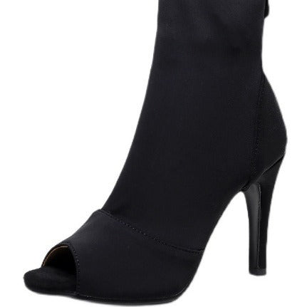 Women's Open Toe Ankle Boots with Stretch Shaft and Slim Stiletto Heel Fashion Glam