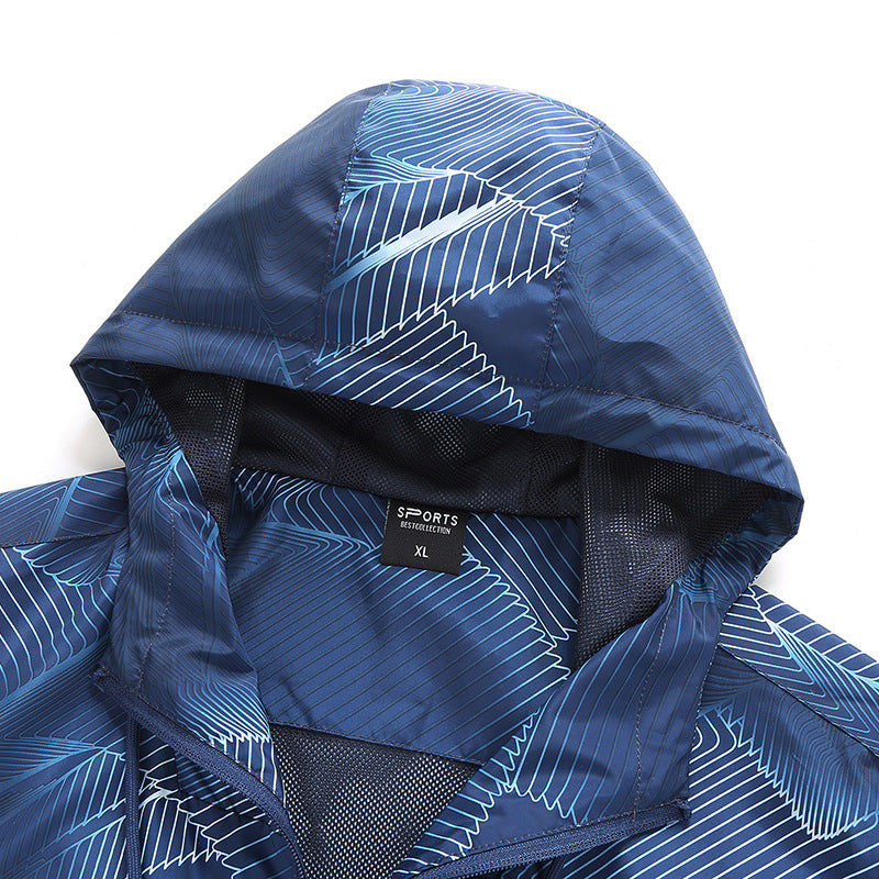 Men's Lightweight Hooded Windbreaker Jacket with Graphic Allover Print and Packing Function Fashion Glam