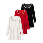 Women's fitted flared mini dress made of velvet with embellished square neckline Fashion Glam