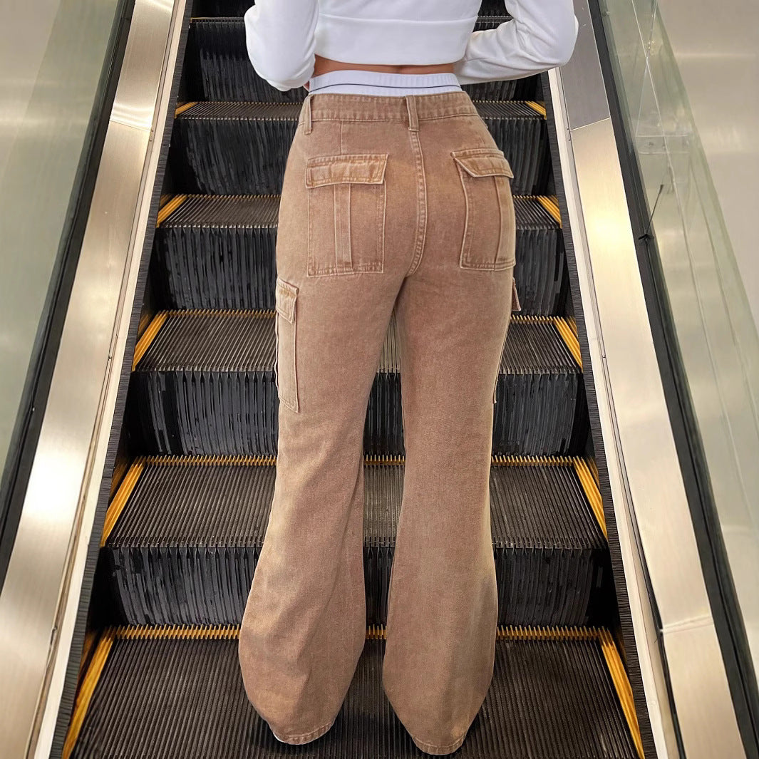 Women High-Cut Cargo Jeans in Flared Cut with Drawstring Cuffs Fashion Glam