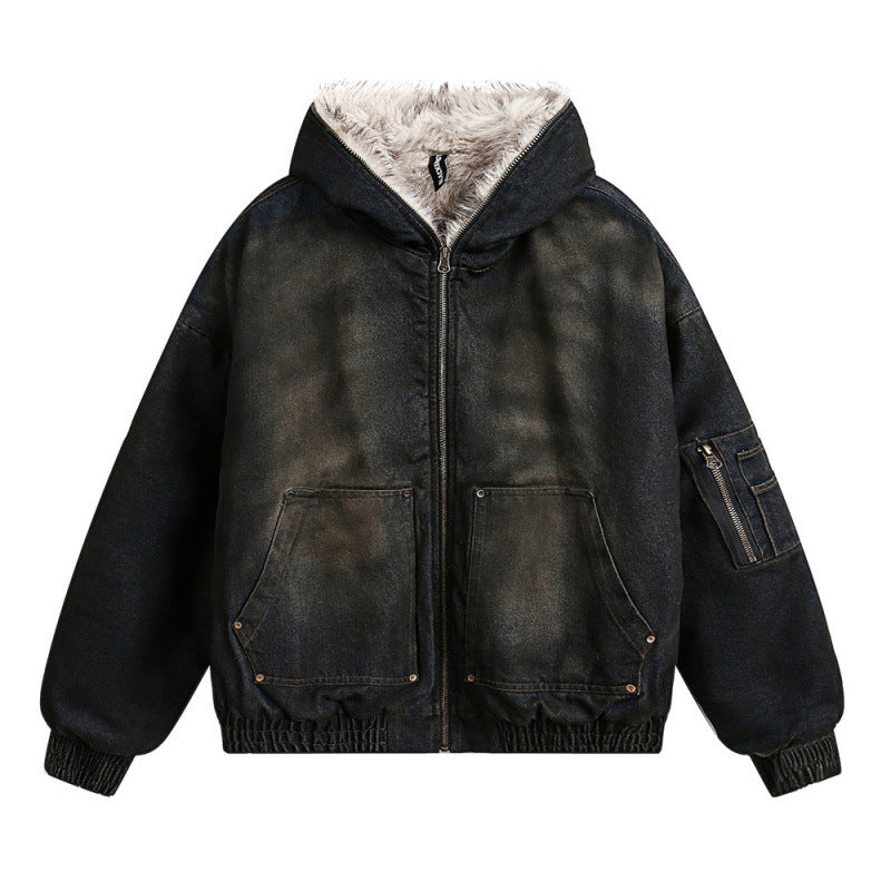 Men's Padded Bomber Jacket with Teddy Lining, Hood and Used Finish Fashion Glam
