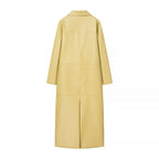 Women Long Faux Leather Coat with Full Button Placket and Panel Seams Fashion Glam