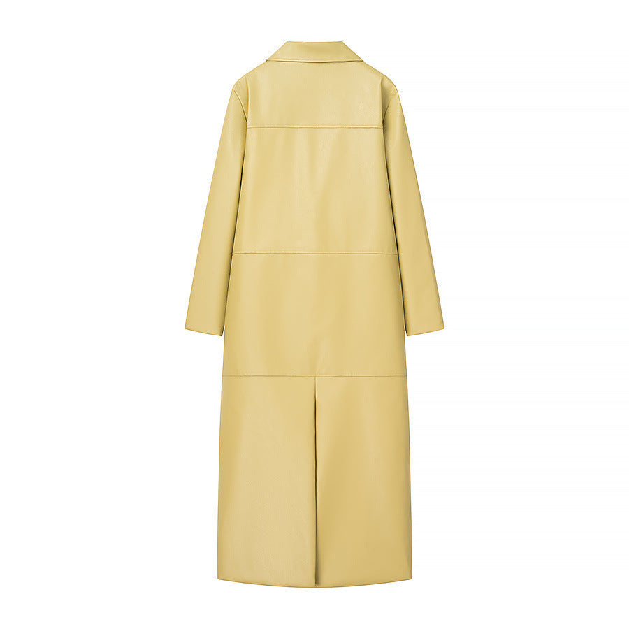 Women Long Faux Leather Coat with Full Button Placket and Panel Seams Fashion Glam