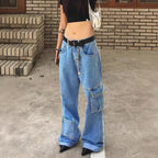 Women Extra Wide Baggy Jeans with Cargo Patches and Low Waist Fashion Glam