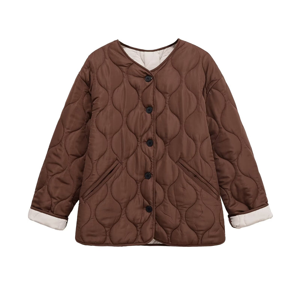 Women's quilted jacket with round quilting, button placket and V-neck Fashion Glam