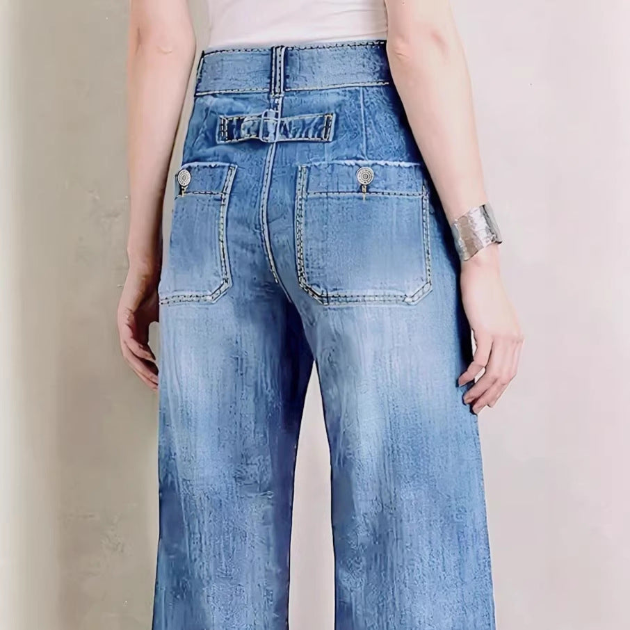 Ladies light vintage-inspired culotte jeans with visible seam panels and patch front pockets Fashion Glam
