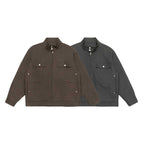 Unisex Boxy Shirt Jacket in Worker Style with Stand Collar, Front Zipper and Flap Pockets Fashion Glam
