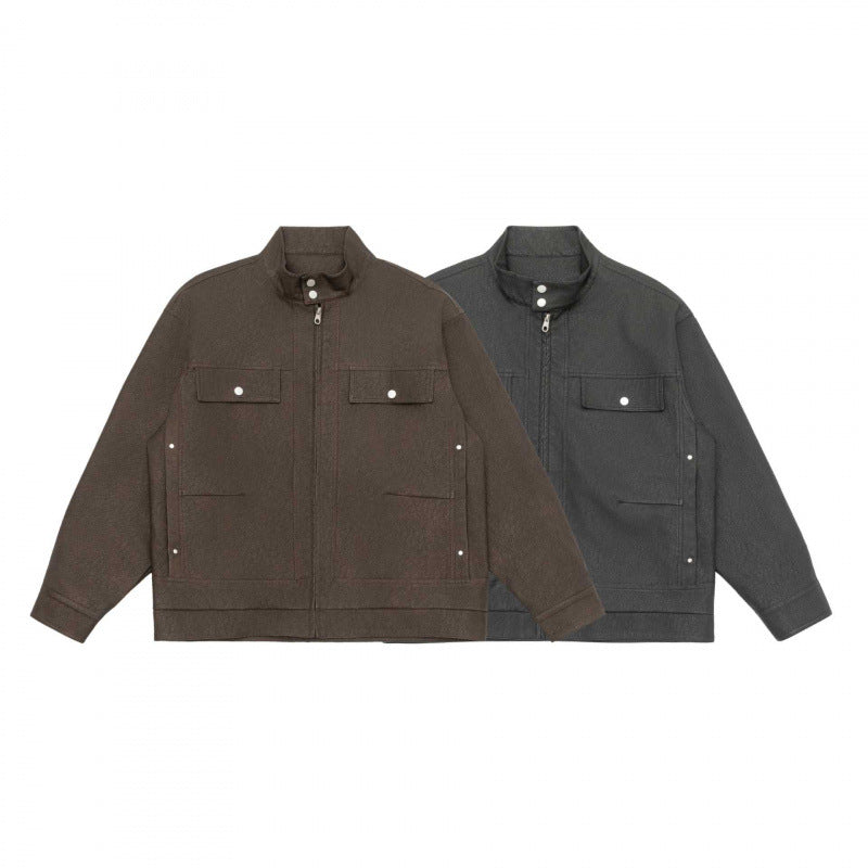 Unisex Boxy Shirt Jacket in Worker Style with Stand Collar, Front Zipper and Flap Pockets Fashion Glam