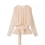 Women's chiffon blouse with gathered waist, wrap belt and ruffle hem Fashion Glam