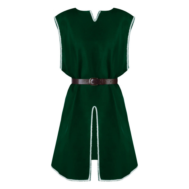 Unisex nano medieval LARP tunic with fitted leather belt, side slits and decorative border Fashion Glam