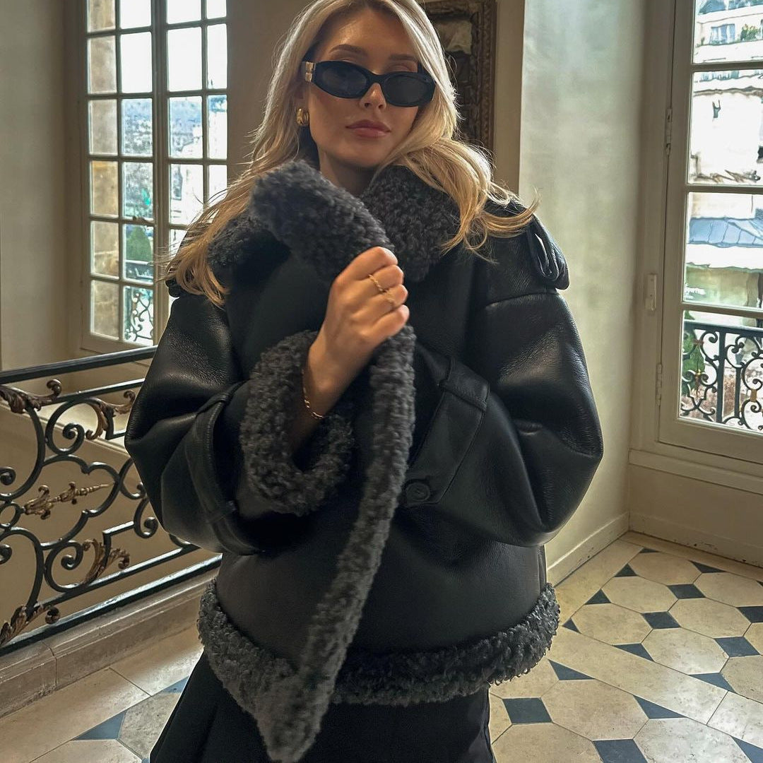 Women Short Sheepskin Imitation Flight Jacket with Waist Belt and Teddy Lining Fashion Glam