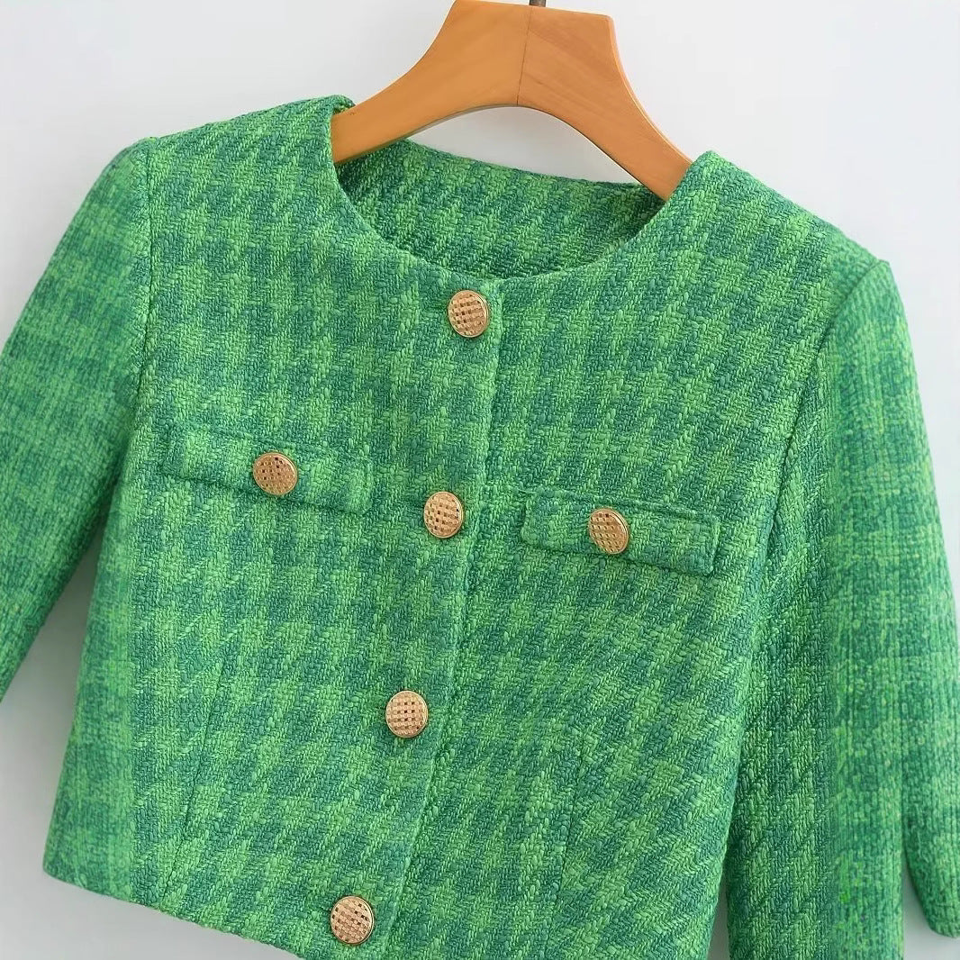 Women's Short Cut Boucle-Tweed Blazer with Boxy Silhouette and Tailored Back Seam Fashion Glam
