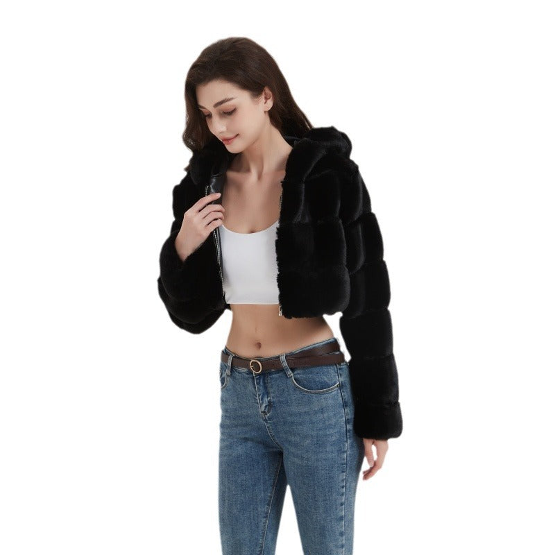 Women's Cropped Faux Fur Jacket with Quilted Panel Design and Hood Fashion Glam