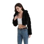 Women's Cropped Faux Fur Jacket with Quilted Panel Design and Hood Fashion Glam