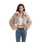 Women Cropped Hooded Jacket made of long-fiber Faux Fur with horizontal volume sections Fashion Glam