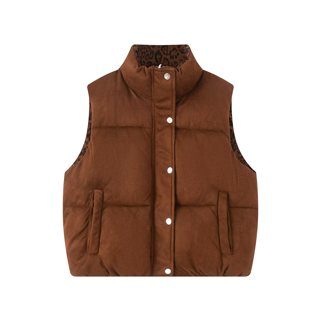 Women Padded Quilted Vest with High Stand-Up Collar and Leopard Print Lining Fashion Glam