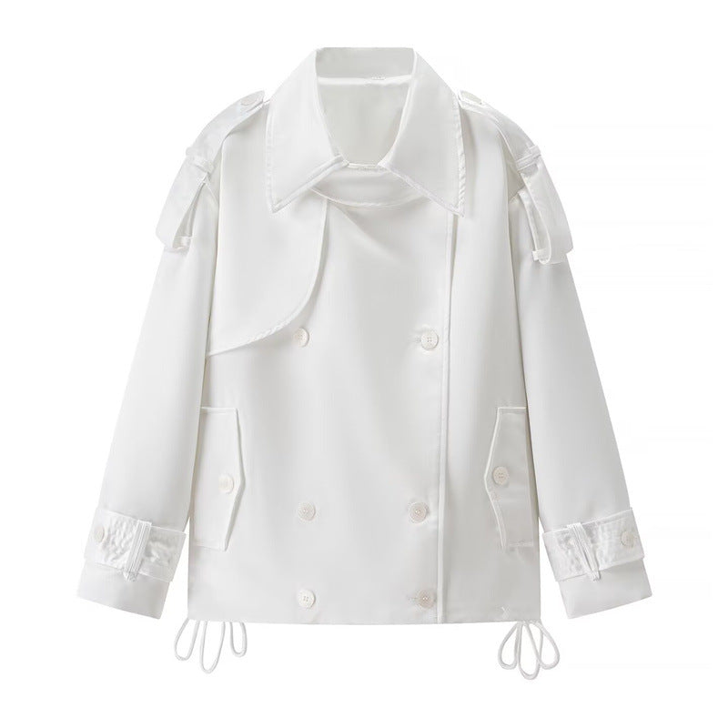 Women Short Boxy Double-breasted Trench with Drawstring and Decorative Shoulder Straps Fashion Glam