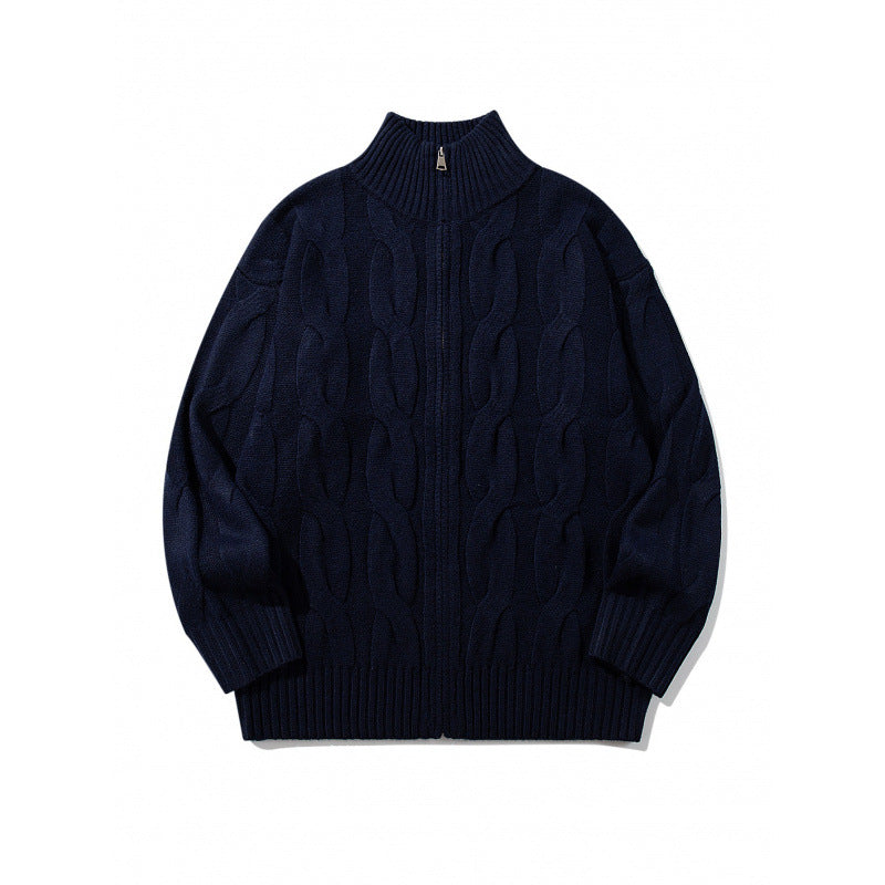 Unisex Chunky Knit Zip-up Cardigan with Cable Pattern and High Ribbed Collar Fashion Glam
