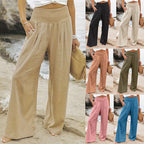 Women's Wide Linen Pants with Smocked Band and Side Pockets Fashion Glam