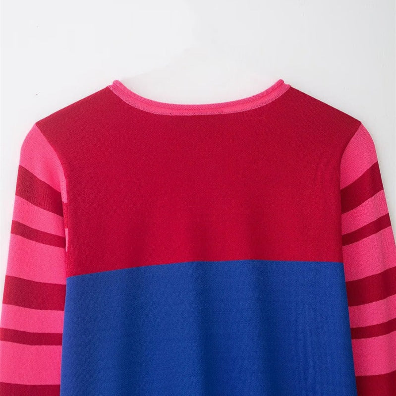 Women Cropped Cardigan with Color Block Design and Striped Sleeves Fashion Glam