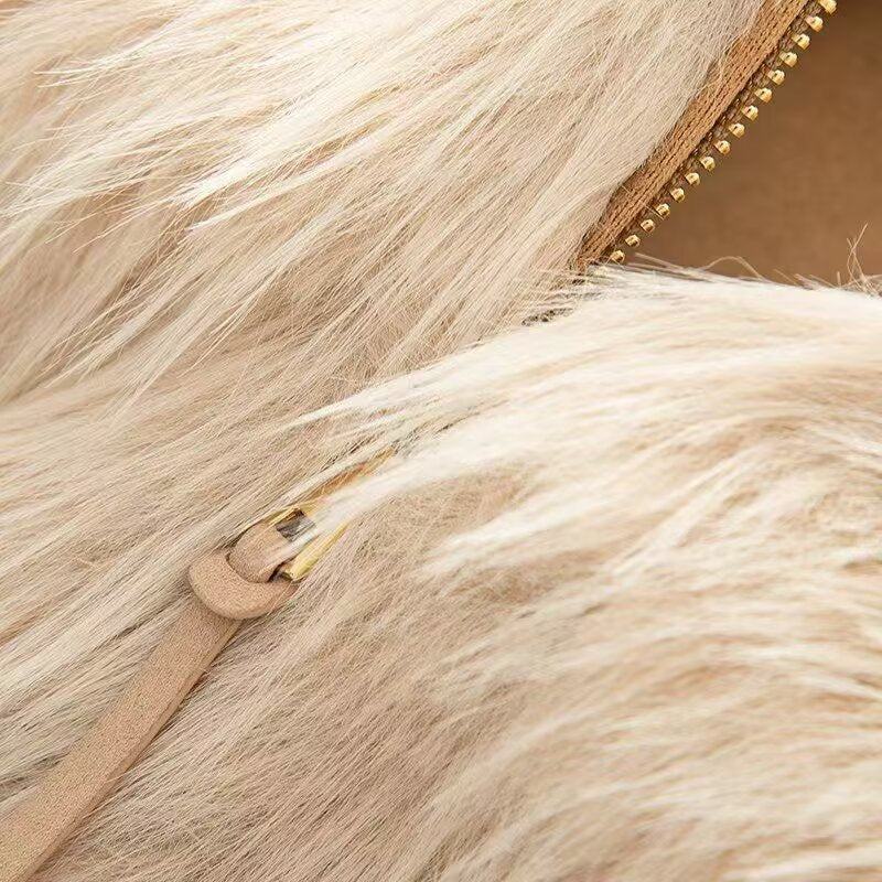 Women Short Faux Fur Cropped Jacket with Voluminous Shawl Collar and Front Zipper Fashion Glam