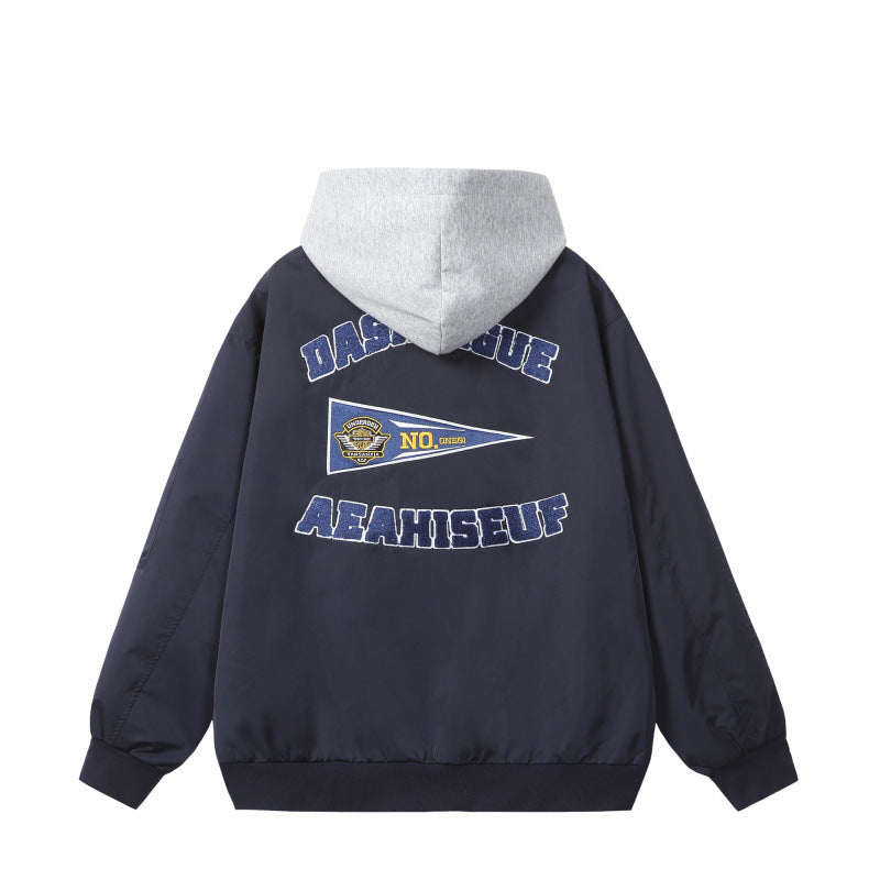 Men's college bomber jacket in oversized style with hood insert and logo patch Fashion Glam
