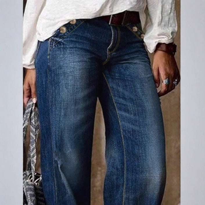 Women's high-waisted wide denim trousers with decorative button placket and casual flare Fashion Glam