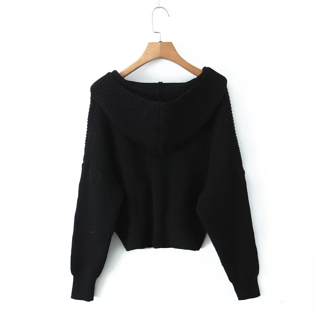 Women's Short Ribbed Knit Cardigan with Wide Hood Collar and Patch Pockets Fashion Glam