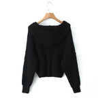 Women's Short Ribbed Knit Cardigan with Wide Hood Collar and Patch Pockets Fashion Glam