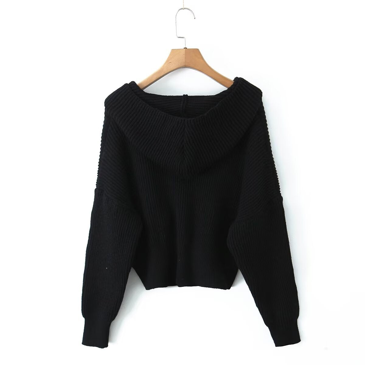 Women's Short Ribbed Knit Cardigan with Wide Hood Collar and Patch Pockets Fashion Glam