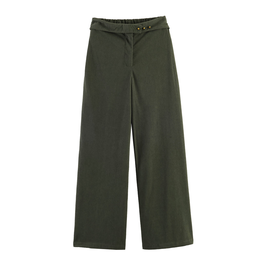 Women Wide Highwaist Pants with Turned-Up Waistband and Cord Look Fashion Glam