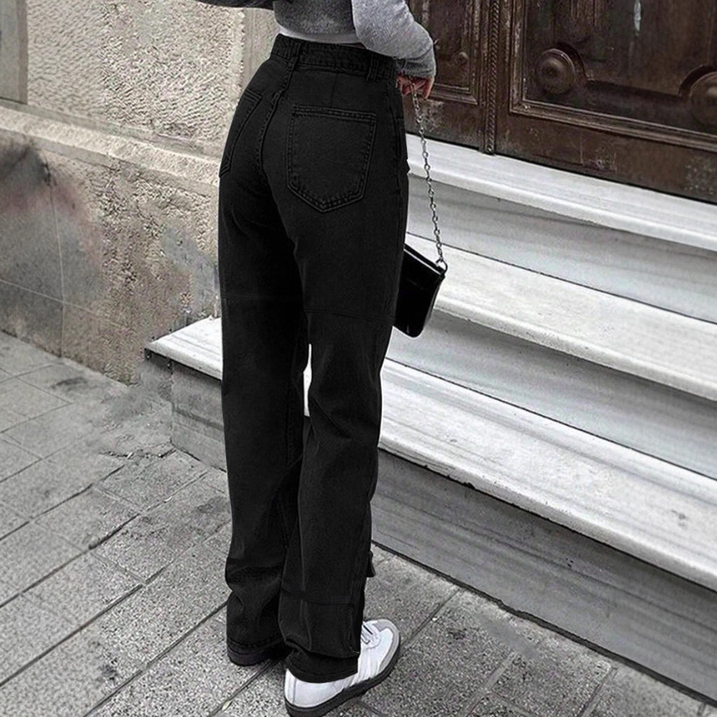 Women's cargo denim pants with large thigh pocket and wide straight-leg Fashion Glam