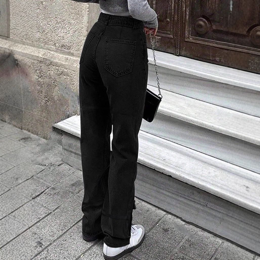 Women's cargo denim pants with large thigh pocket and wide straight-leg Fashion Glam