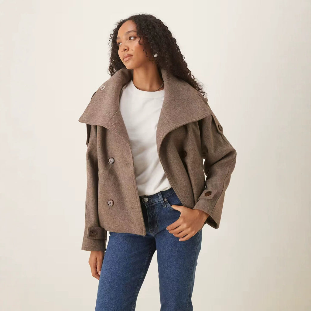 Women's Short Double-Breasted Wool Peacoat with Stand-Up Collar Fashion Glam