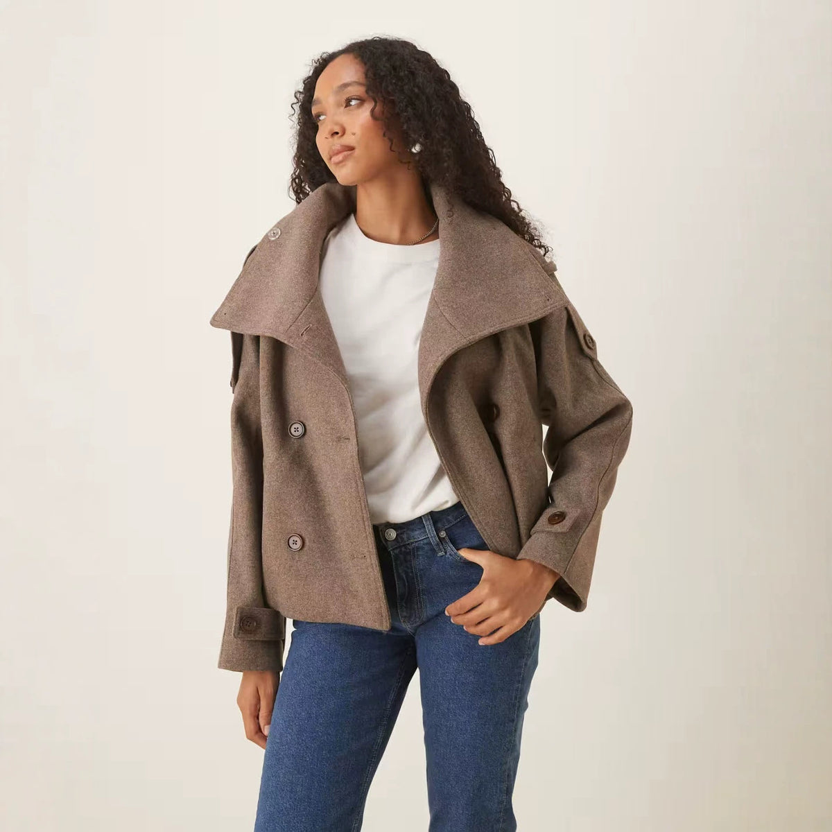 Women's Short Double-Breasted Wool Peacoat with Stand-Up Collar Fashion Glam