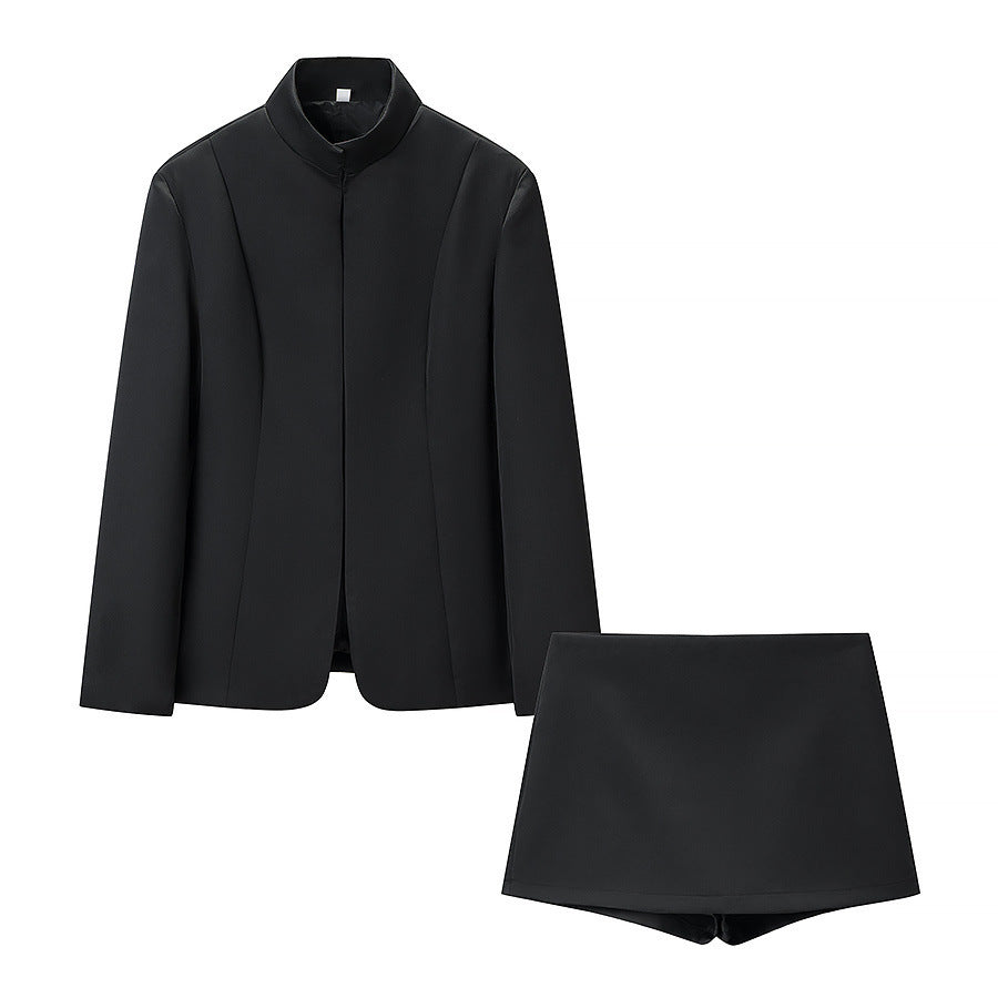 Women's short fitted blazer with stand-up collar and matching skort set Fashion Glam