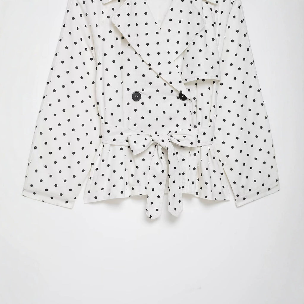 Women Polka Dot Cropped Trench Coat with Tie Belt Fashion Glam