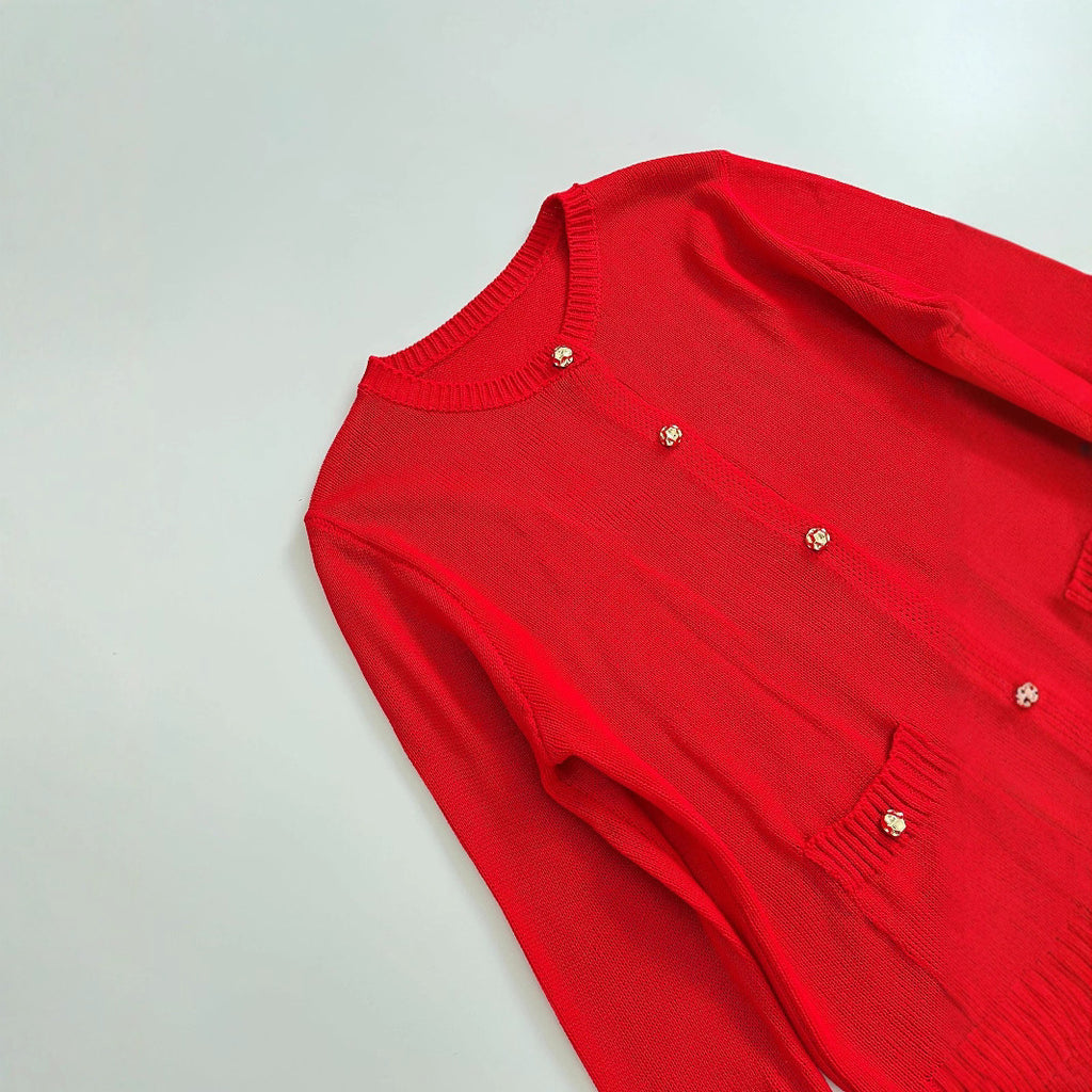 Women Fine Knit Cardigan with Decorative Buttons, Round Neckline and Patch Pockets Fashion Glam