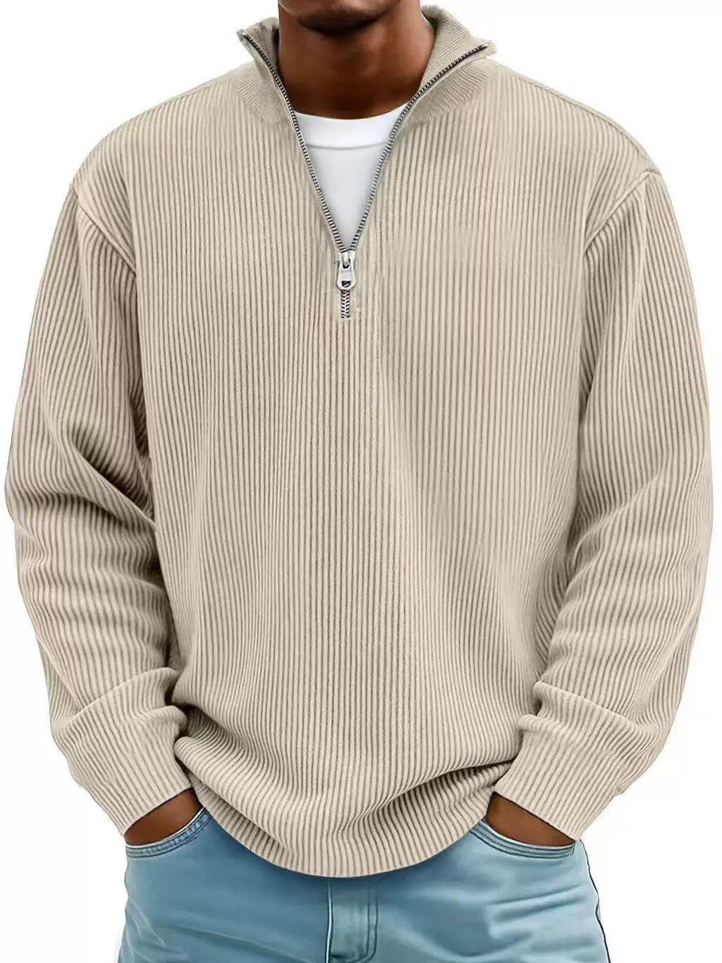 Men's ribbed knit pullover with half-zip and stand-up collar Fashion Glam