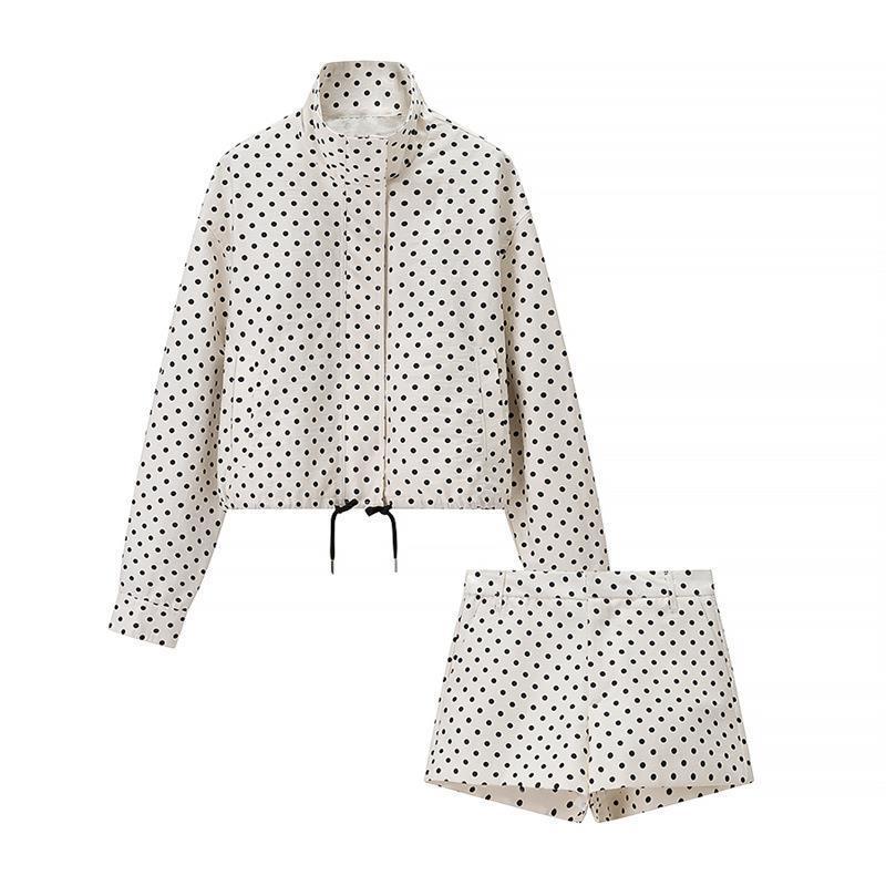 Ladies Two-Piece Polka Dot Linen Blend Set with Boxy Cropped Jacket and High Waist Shorts Fashion Glam