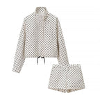 Ladies Two-Piece Polka Dot Linen Blend Set with Boxy Cropped Jacket and High Waist Shorts Fashion Glam