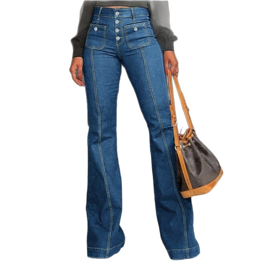 Ladies High-Waisted Flared Jeans with visible center seam, button closure, and patch front pockets Fashion Glam
