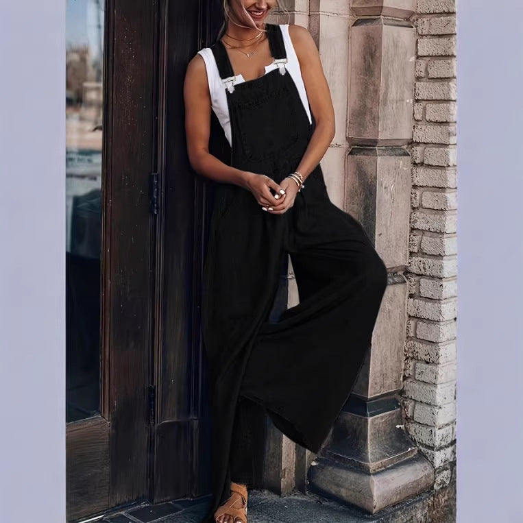 Women's Wide Denim Overall in Palazzo Cut with Adjustable Straps Fashion Glam