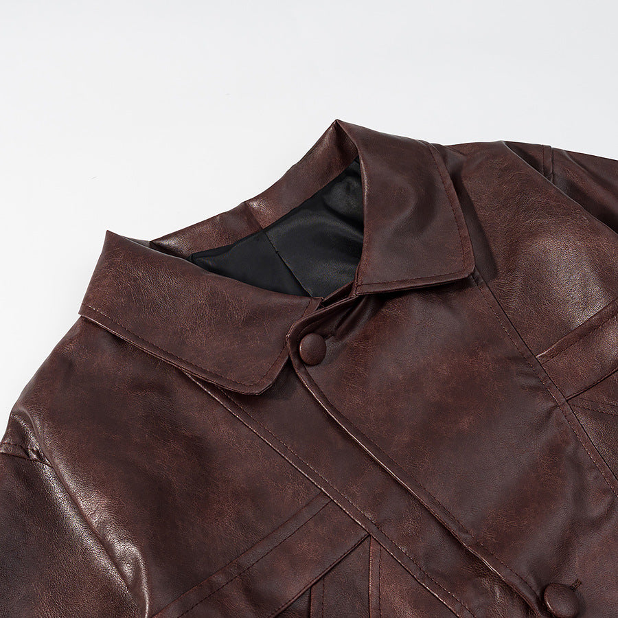 Women's Oversize Faux Leather Bomber Jacket with Round Collar and Distinctive Seam Details Fashion Glam