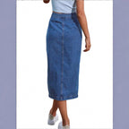 Ladies jeans midi skirt with side button placket and high thigh slit Fashion Glam