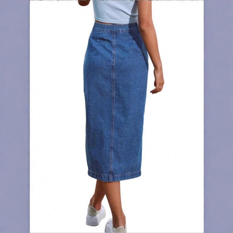 Ladies jeans midi skirt with side button placket and high thigh slit Fashion Glam